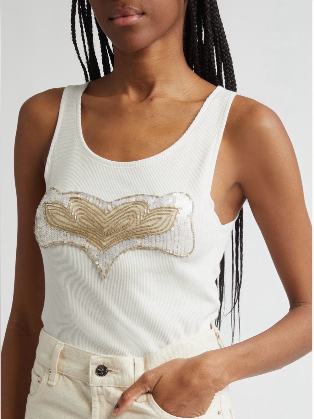 Conner Ives Women’s Cream Tank Top with Gold Sequin Detail